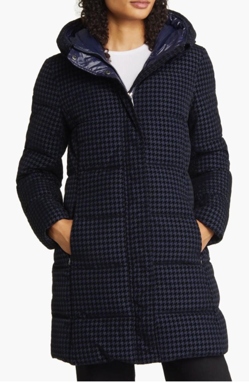 Via Spiga M Houndstooth Flocked Puffer Coat $230 Long Hooded Jacket Navy Black